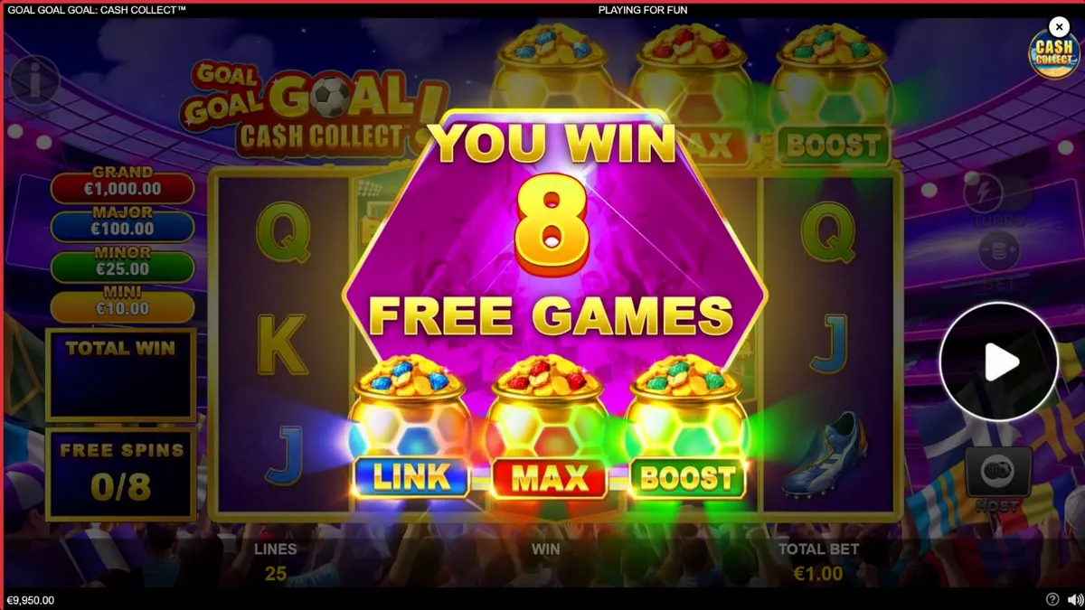 Tampilan visual slot Goal Goal Goal: Cash Collect dengan tema stadion sepak bola