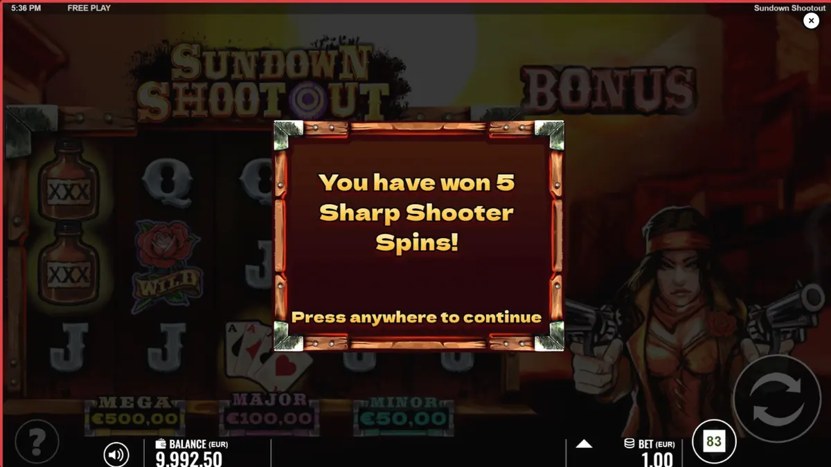 Tampilan layar permainan slot Sundown Shootout dengan tema koboi dan gurun